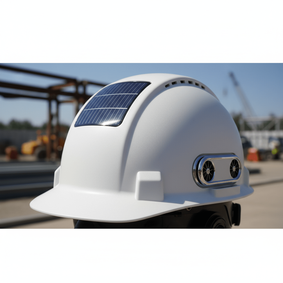 Close-up of a futuristic white hard hat with solar panel and ventilation fans.