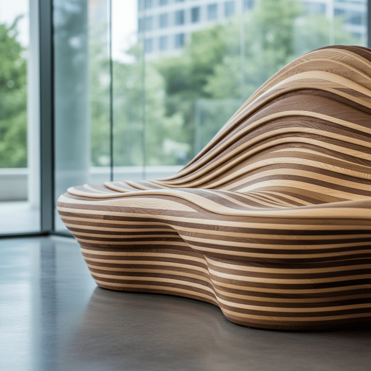 Parametric wave bench carved with wood router, showing fluid hardwood curves and grain.