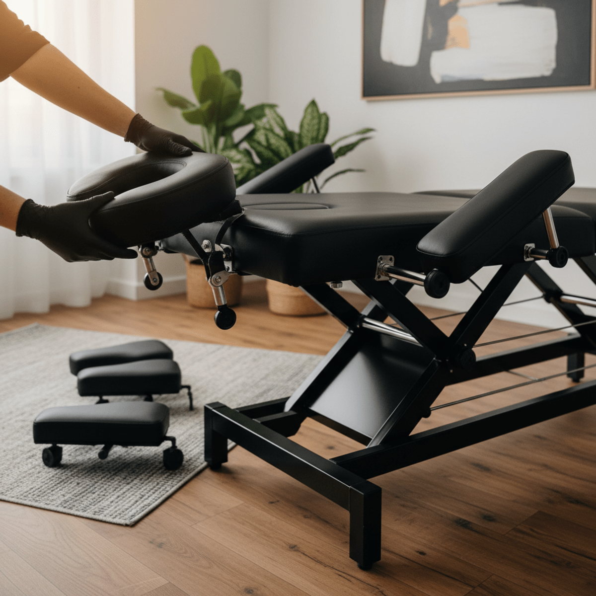 Hydraulic massage table with swappable modular components for versatile treatment options.