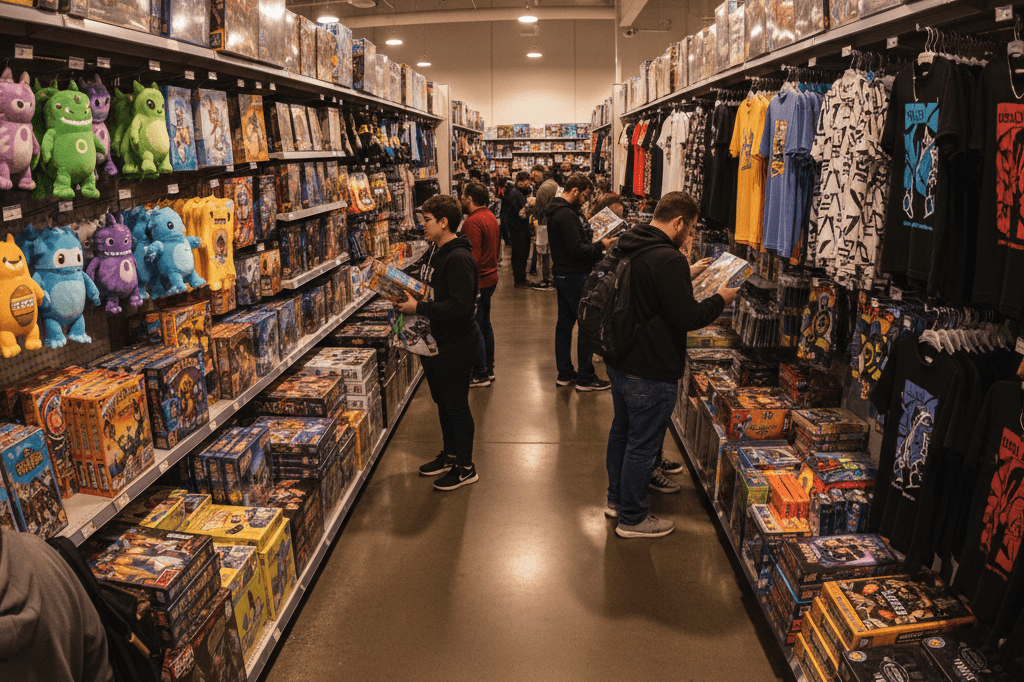 Wide-angle view of shoppers exploring colorful themed products under natural store lighting