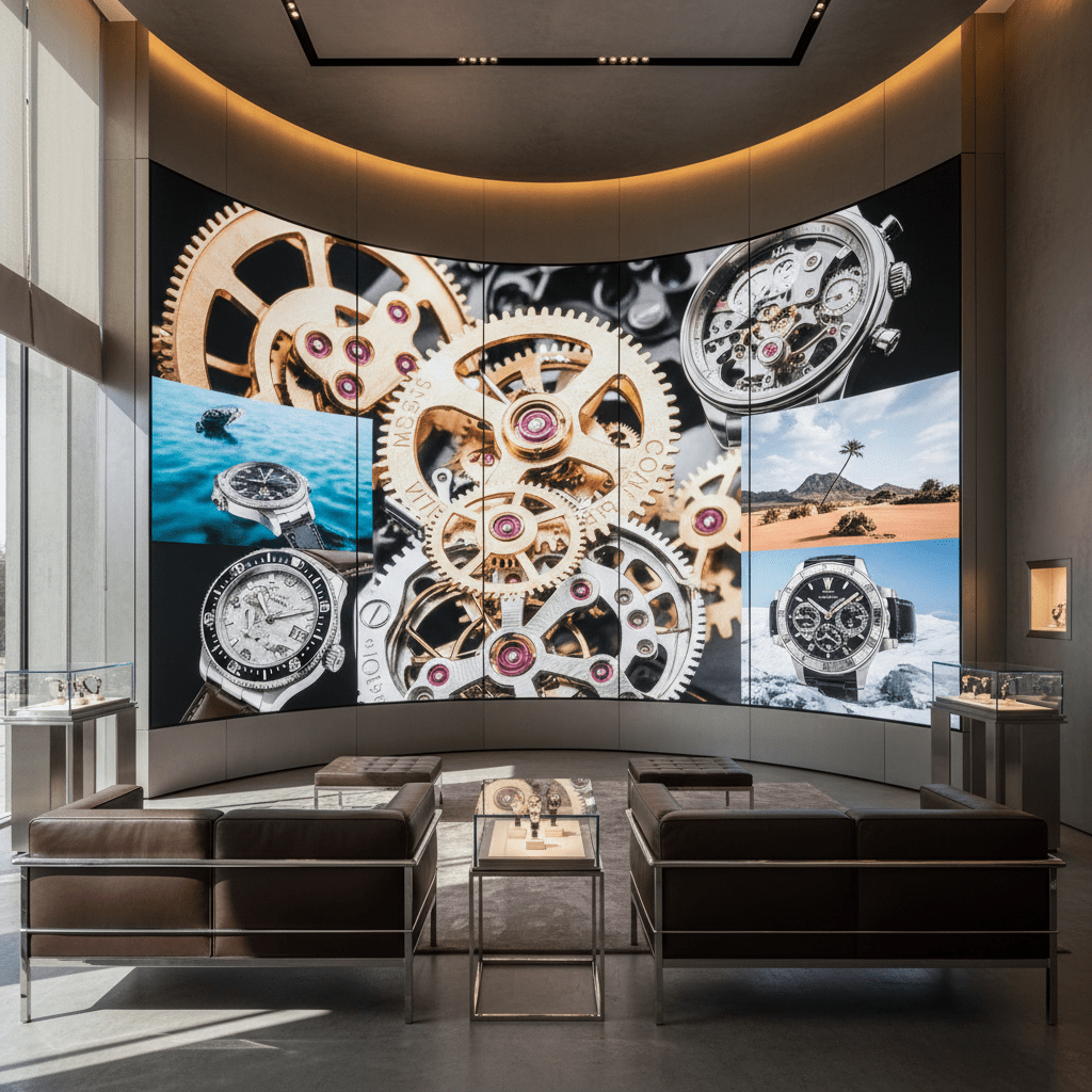 Opulent watch boutique interior showcasing macro view of mechanical watch gears on a large screen.