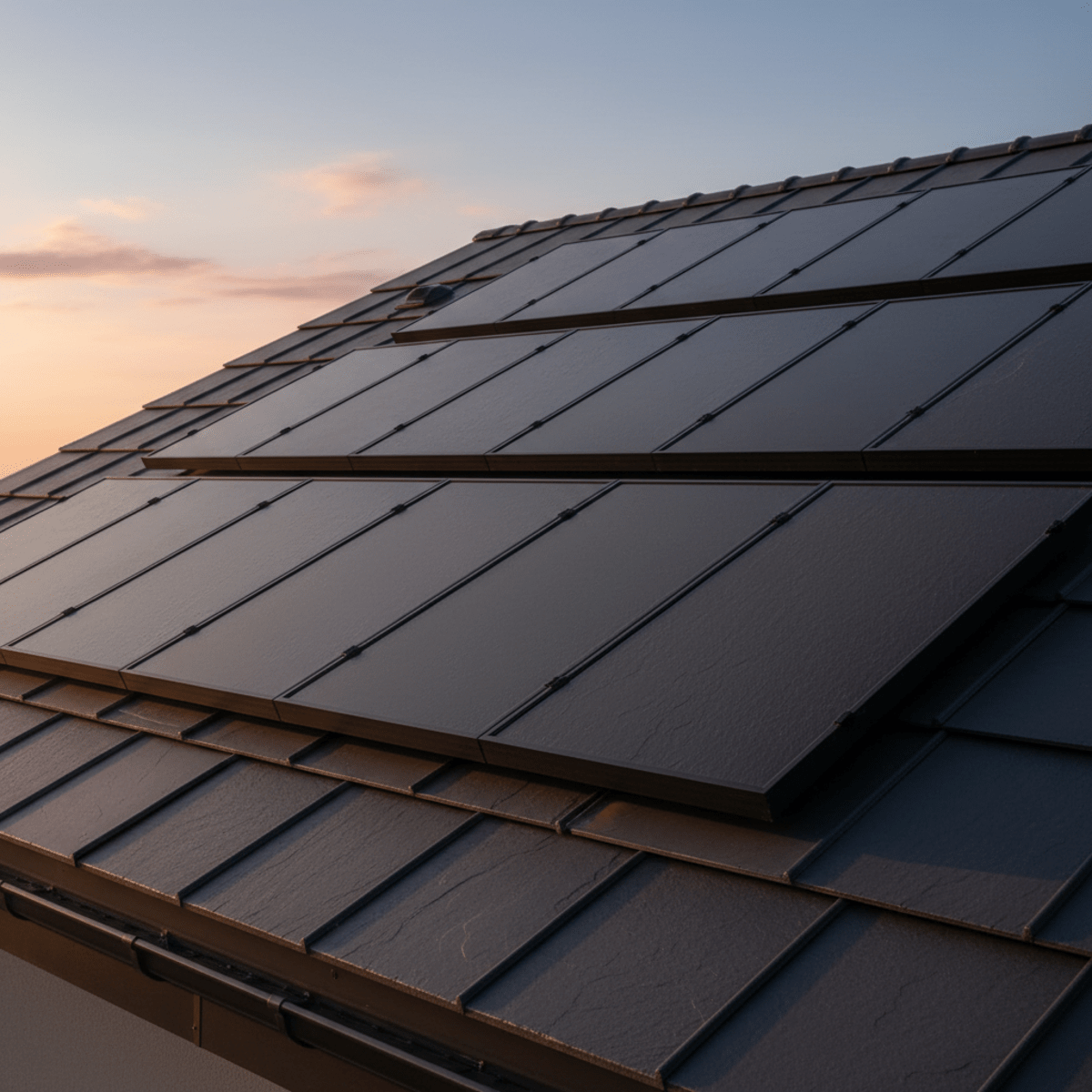 Rooftop solar heaters precisely color-matched to charcoal grey roof tiles.