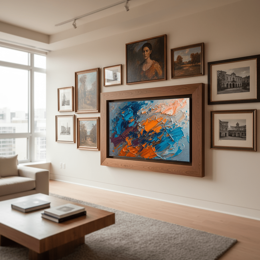 Luxury loft gallery wall with integrated digital art and oil paintings.