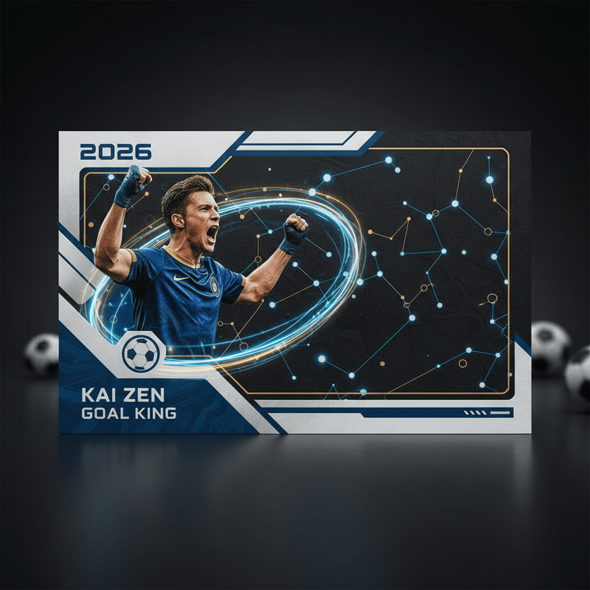 Football card with goal scorer portrait and luminous trajectory lines and constellation patterns.