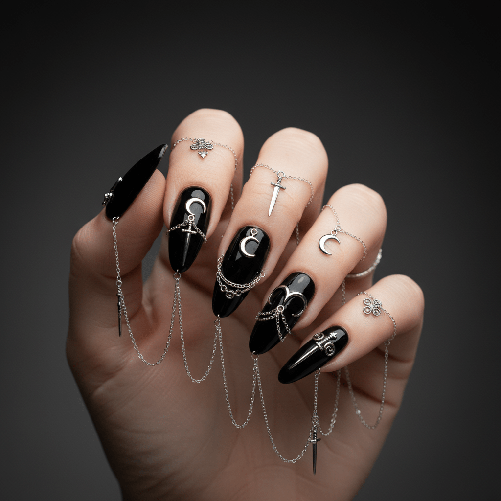 Close-up of glossy black almond nails with silver chains and celestial charms.