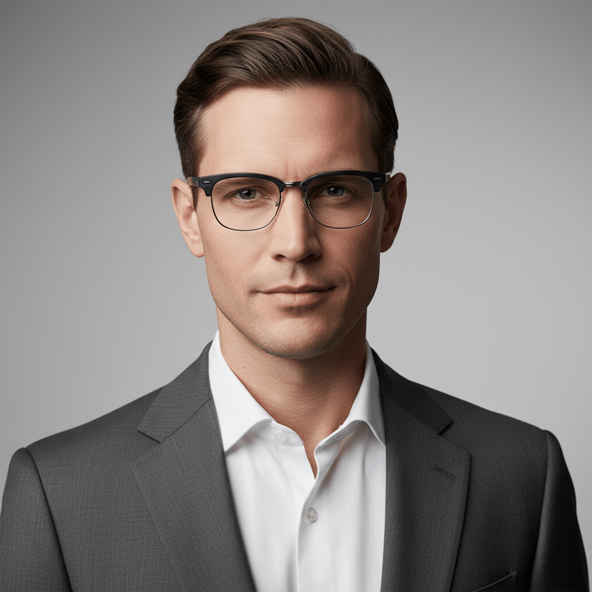 Man in stylish browline eyeglasses with thick acetate frames in a studio.