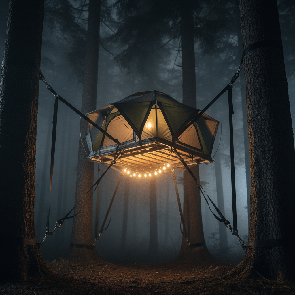Heavy duty suspended tree tent glows at night between misty forest trees.