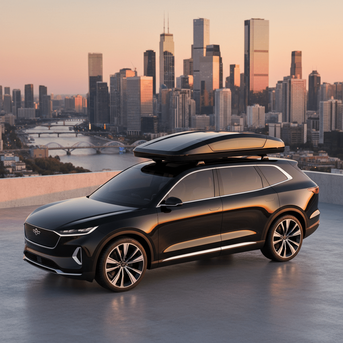 Sleek SUV with aerodynamic rooftop tent parked on a rooftop at sunset.