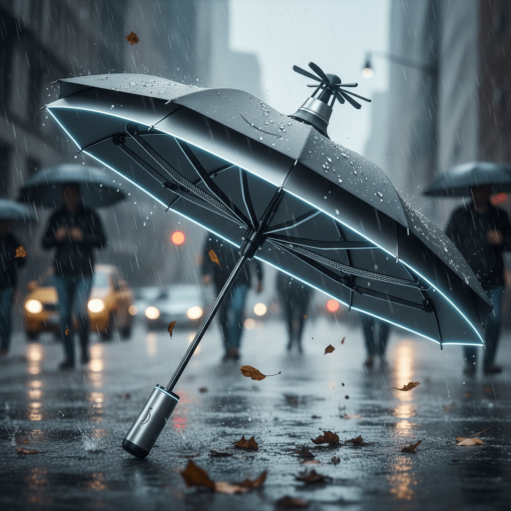 Sleek futuristic umbrella with aluminum frame in a rainy urban street.