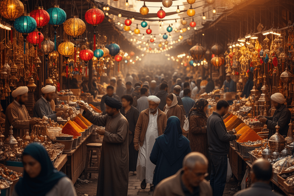 Diverse shoppers and vendors in a lively marketplace filled with colorful seasonal goods under ambient lighting