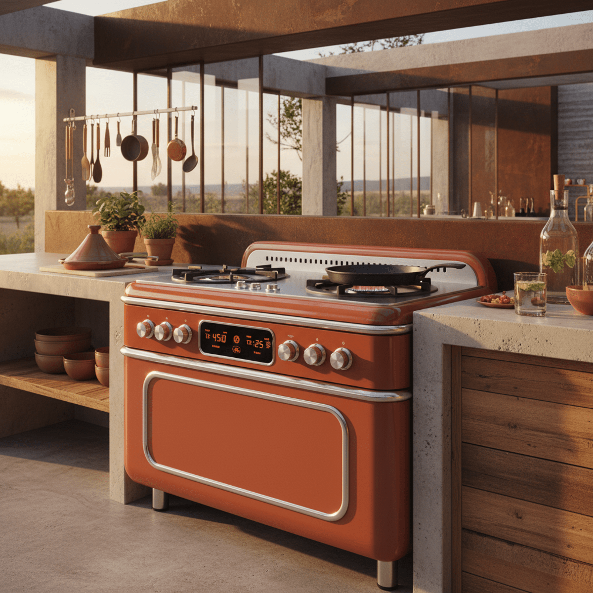 Vintage-inspired two-burner stove in terracotta with brushed chrome trim.