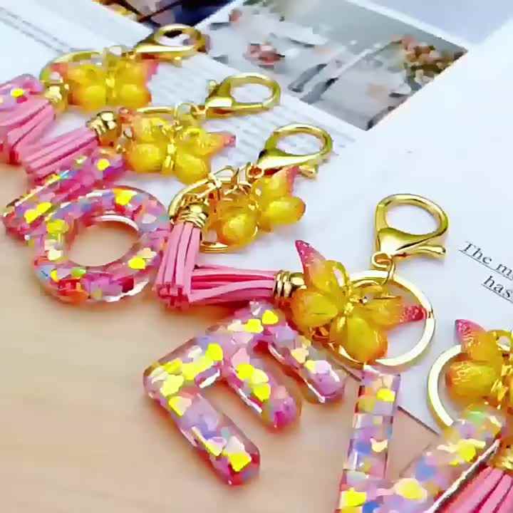 Letter M Keychain With Butterfly & Sequins - Pink & Orange, Resin & Alloy, Gift Ready - View #10