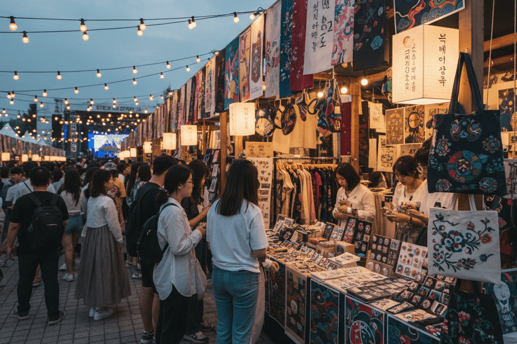 Wide shot of a merch booth featuring traditional Korean-inspired designs under warm ambient lighting.