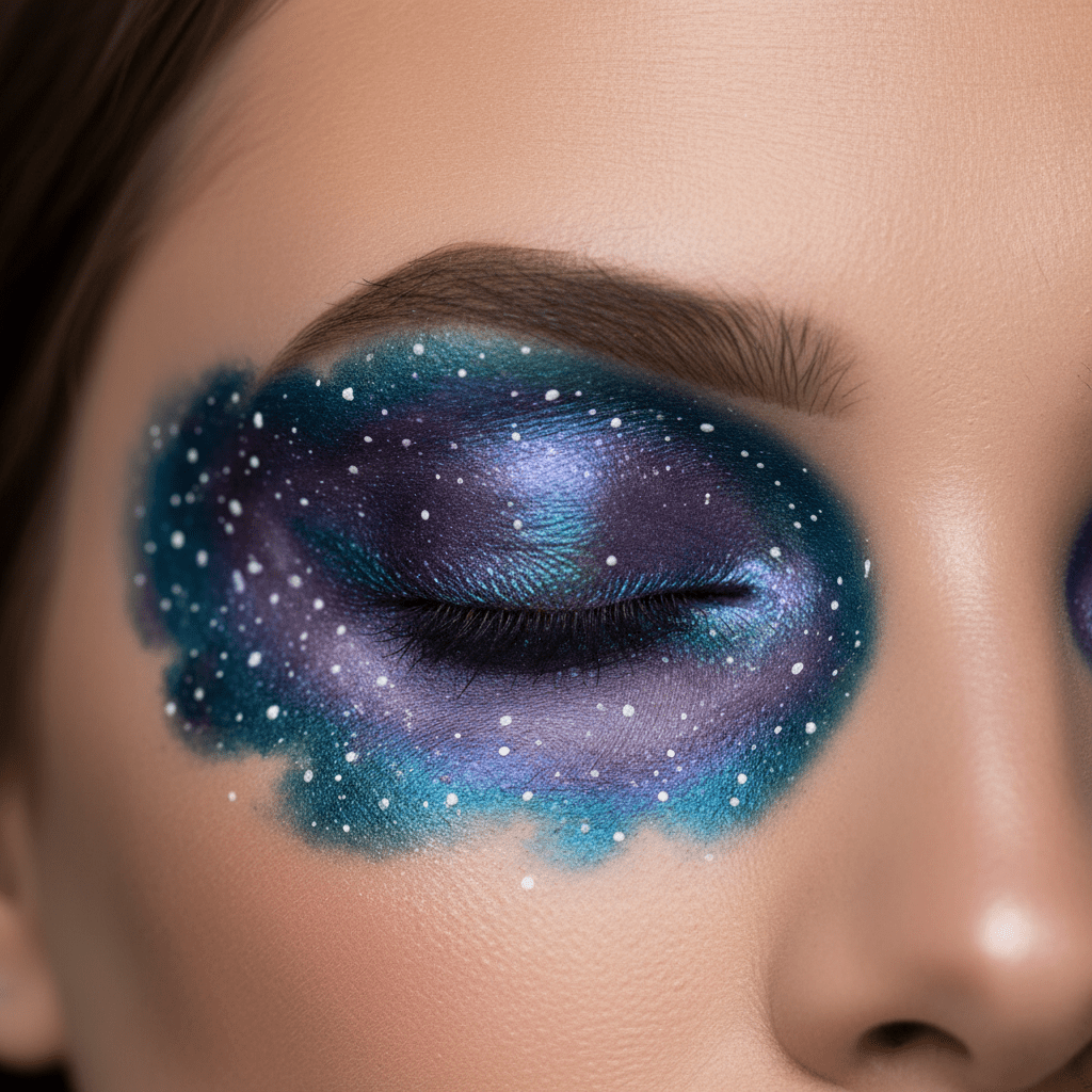 Holographic eyeliner creates swirling galaxy patterns with duo-chrome teal, purple, and blue hues.
