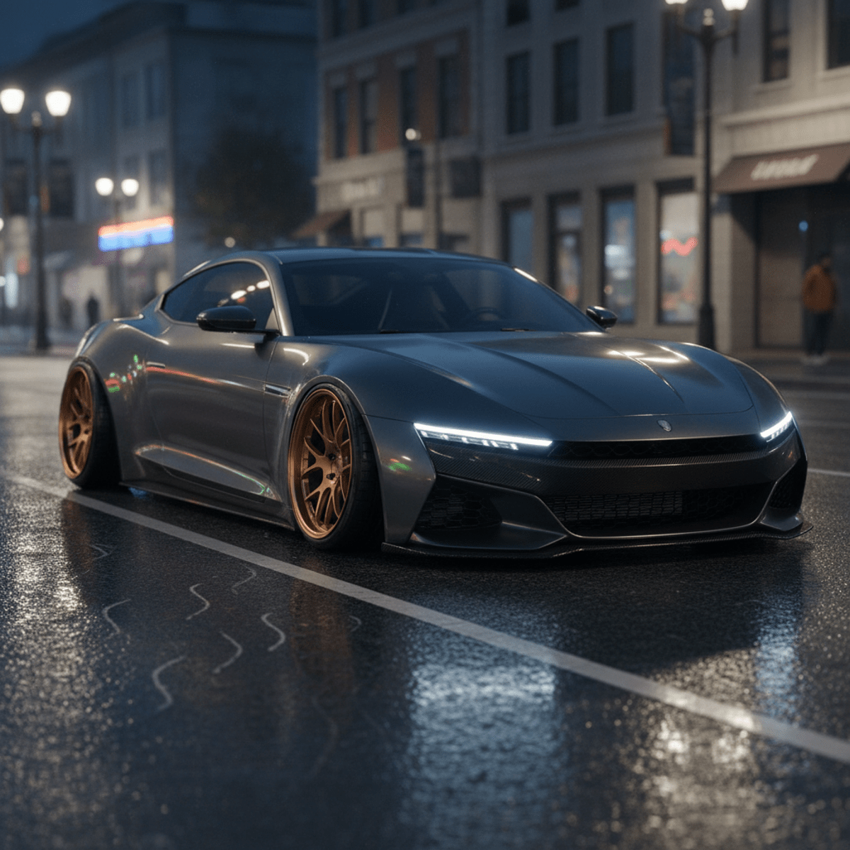 Sleek modern sports coupe with slammed suspension on a wet urban street at night.