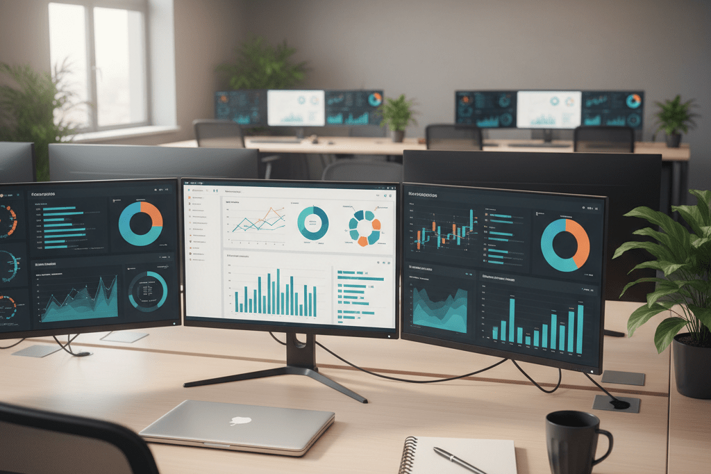 Office desk with analytics dashboards and planning tools under natural light, reflecting adaptability amid tech disruptions