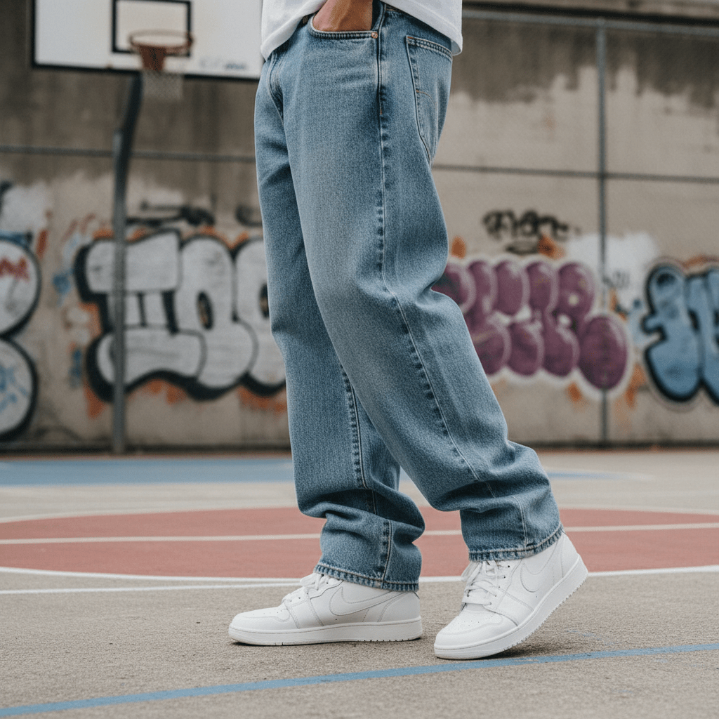 All-white 1990s hip hop style sneakers on an urban basketball court.