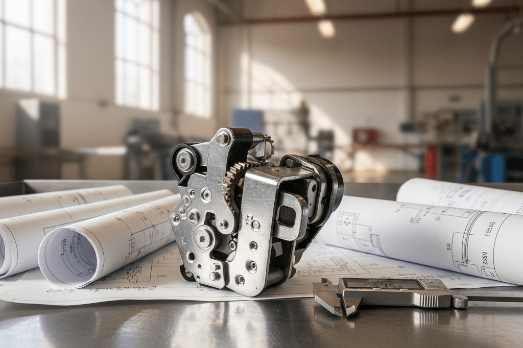 Metallic car door lock on inspection table with tools under natural factory light