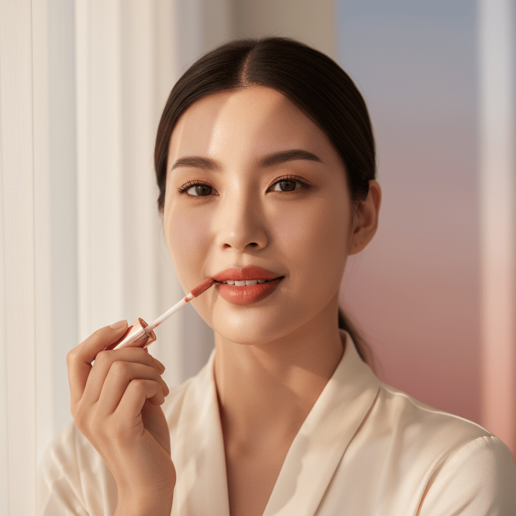 Model with muted dusty fruit lip gloss shades, blending strawberry, persimmon, and plum.