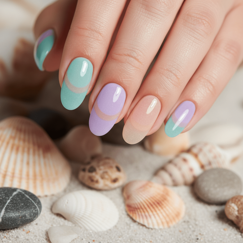 Close-up of layered jelly nails with sea glass effect and frosted matte finish.