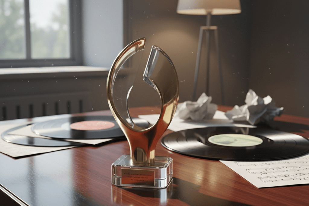 Detailed view of a golden trophy symbolizing recognition impact in the music industry