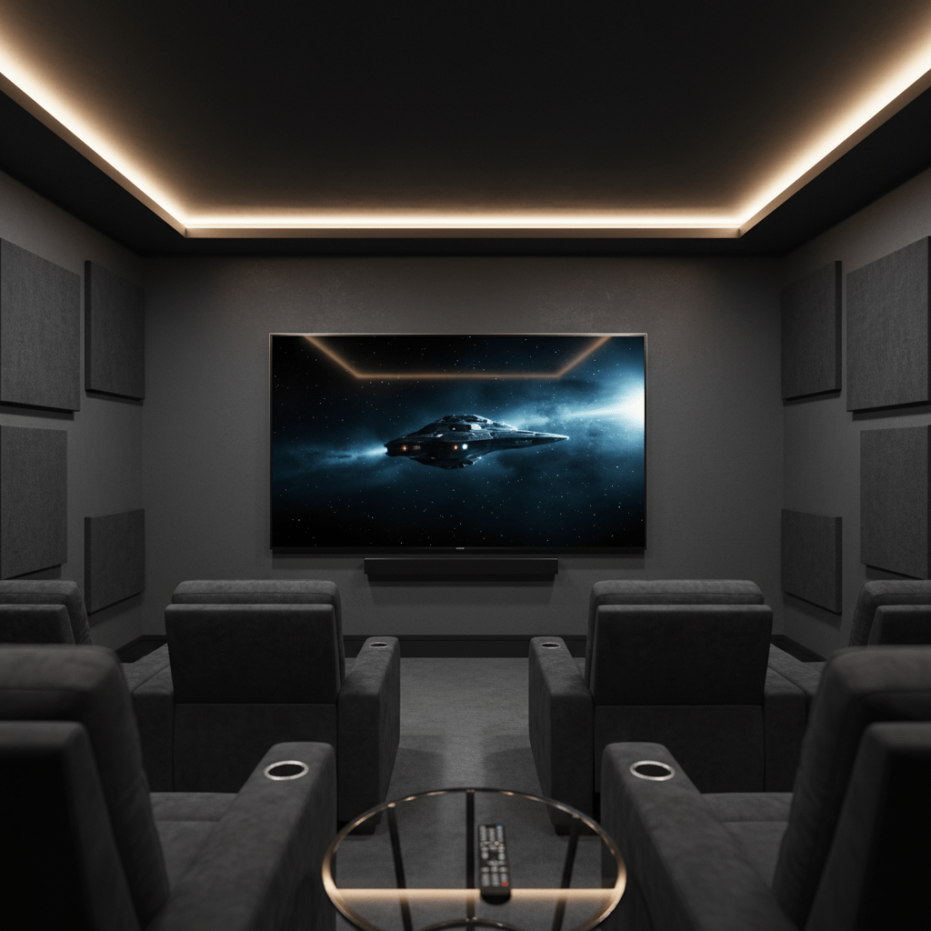Sleek ultra-thin QLED television on a matte charcoal wall in a luxurious home theater.