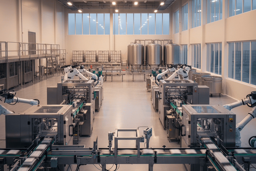 Wide-angle view of advanced food manufacturing plant under blended natural and ambient light, representing innovation and operational capacity