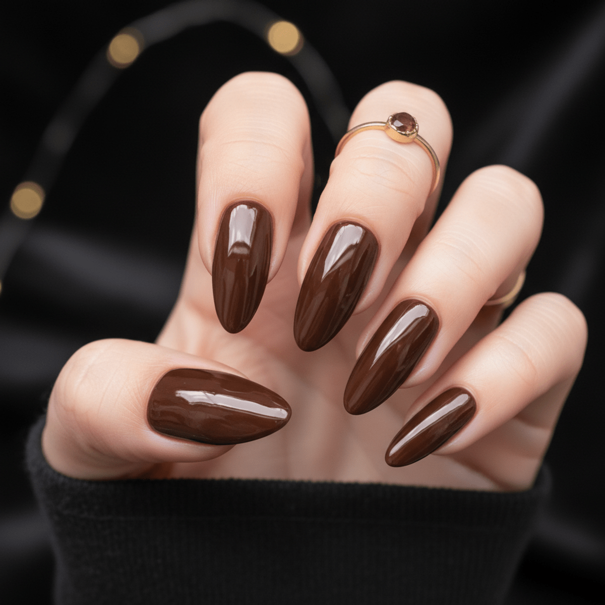 Close-up of mocha mousse nails with molten chocolate chrome finish and mirror-like sheen.