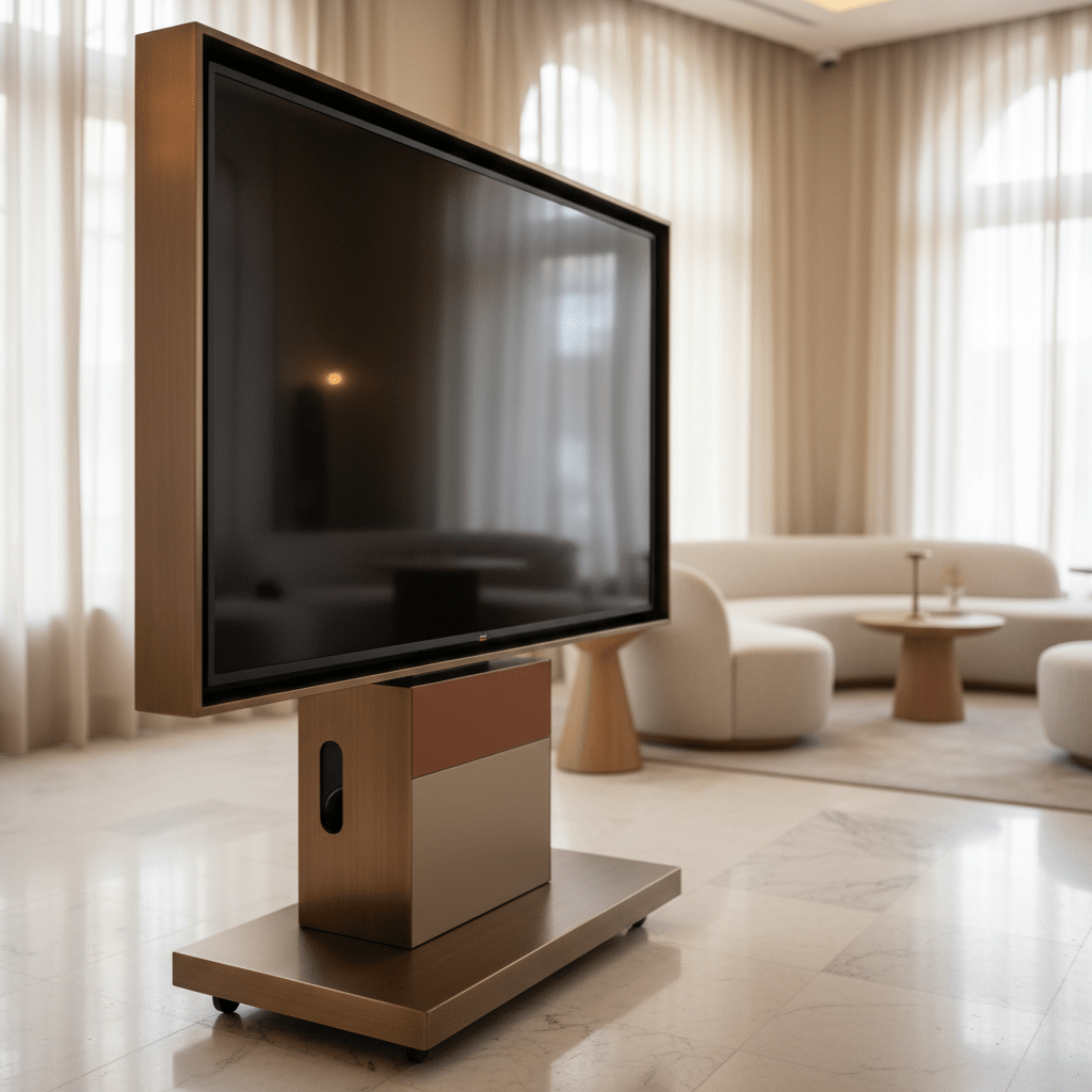 Sleek portable TV on wheels in a boutique hotel lobby with marble and plush seating.