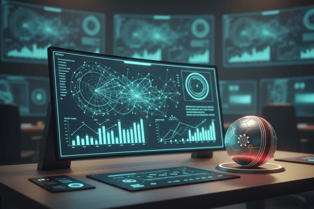 Control room desk with efficiency graphs and cricket ball under warm ambient light representing strategic operations