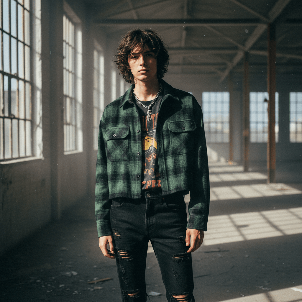 Forest green and charcoal plaid flannel in layered grunge outfit, 1995 aesthetic.