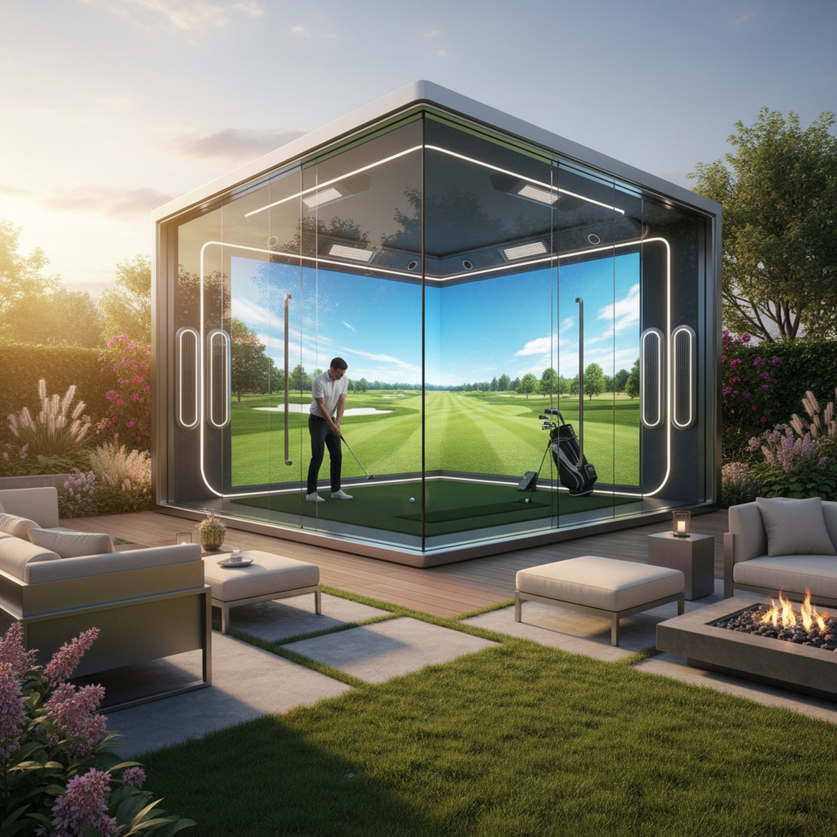 Luxury outdoor golf simulator in a smart glass box within a garden.