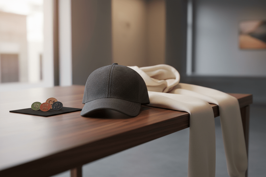Stylish cap, hoodie, and collectible pins lit by natural light, symbolizing viral moments in entertainment merchandise demand