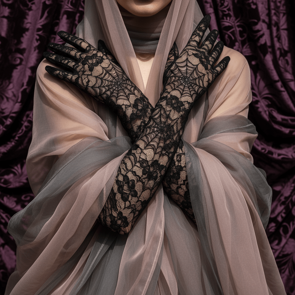 Close-up of sheer chiffon and lace gloves with spiderweb patterns.
