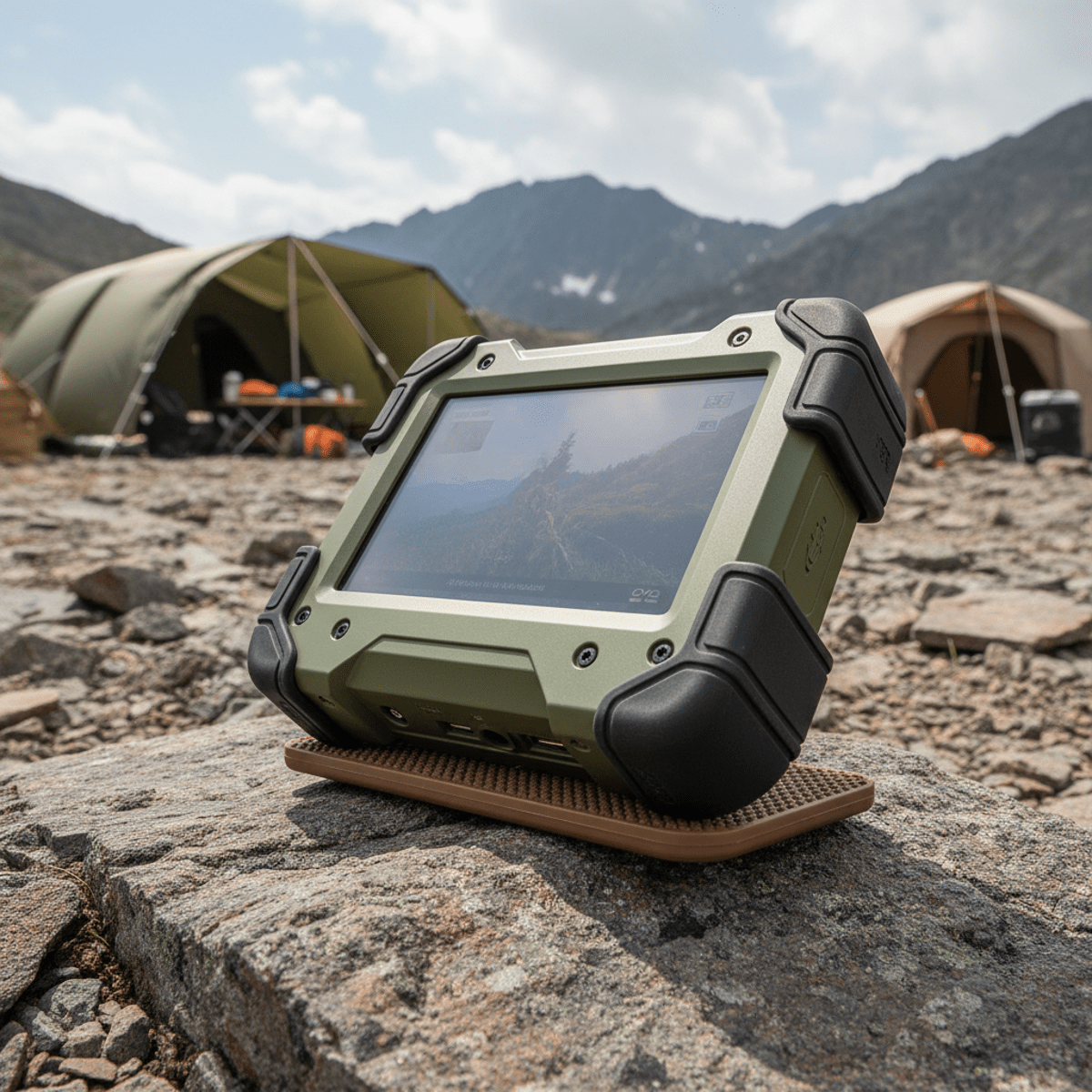 Rugged portable DVD player on rocky terrain at a mountain campsite.