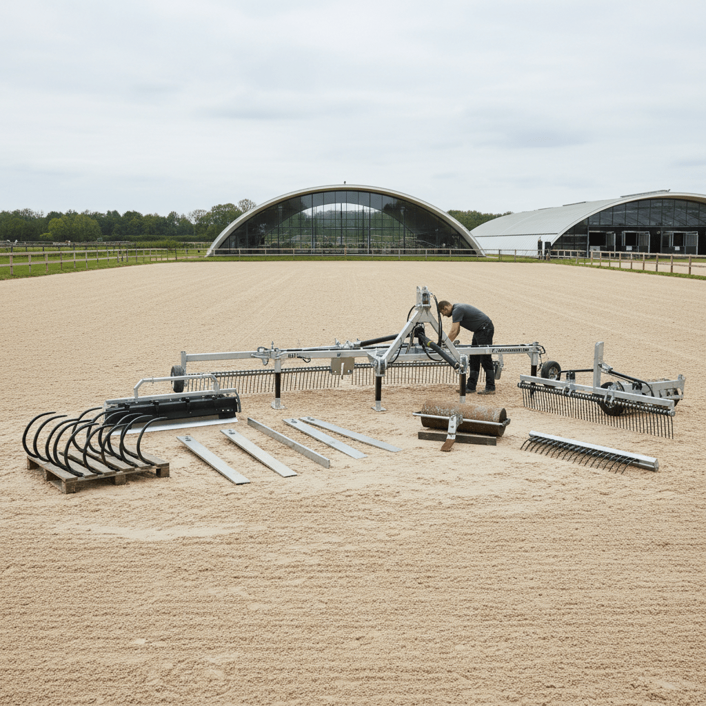Equestrian arena drag with modular frame and interchangeable attachments for footing maintenance.