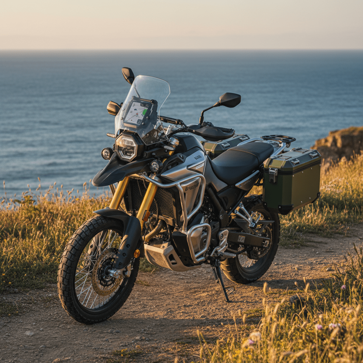 2026 ADV motorcycle on cliffside overlooking ocean, sleek frame, crash bars, panniers, tall windscreen.