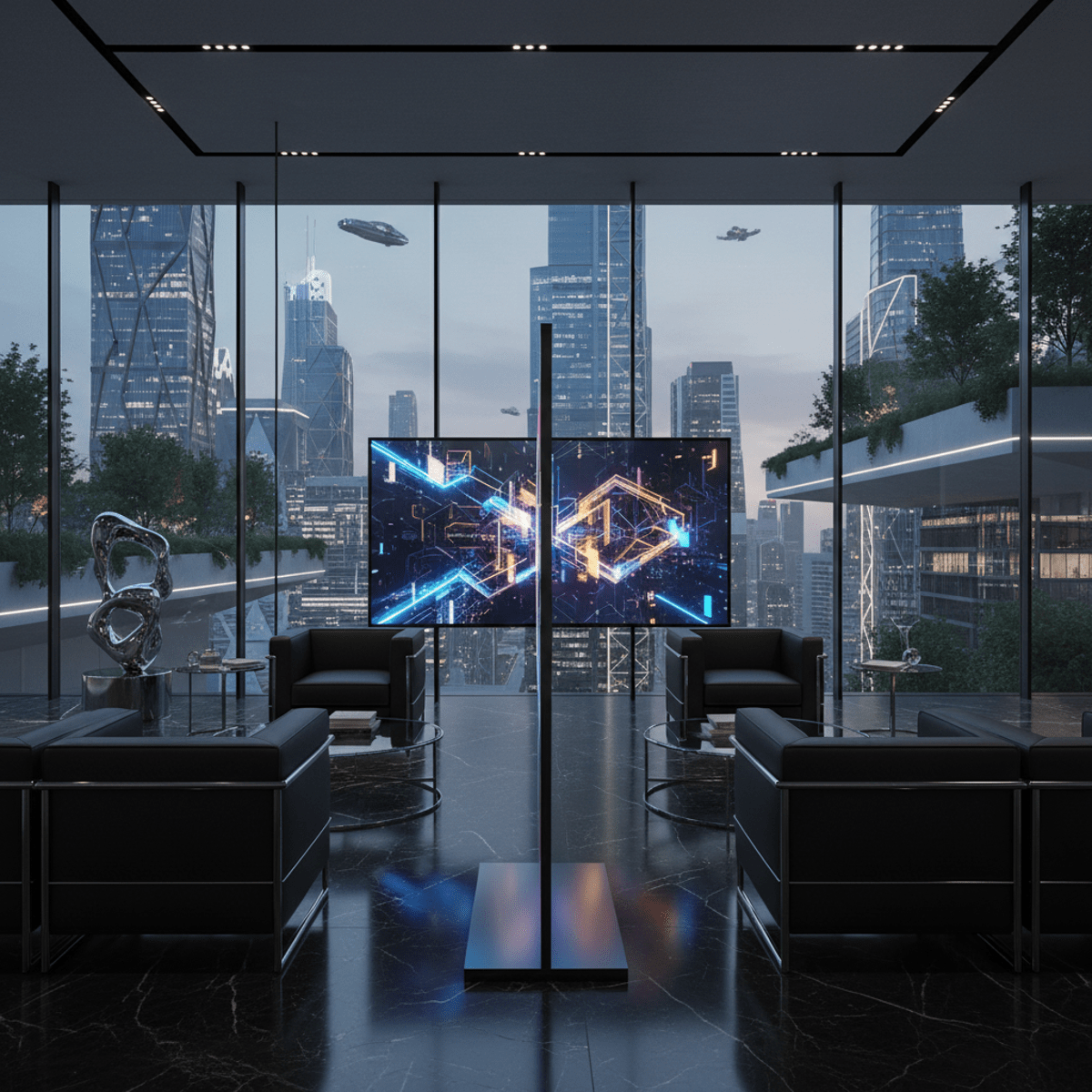 Transparent OLED TV as a partition in a modern corporate lounge with digital art.