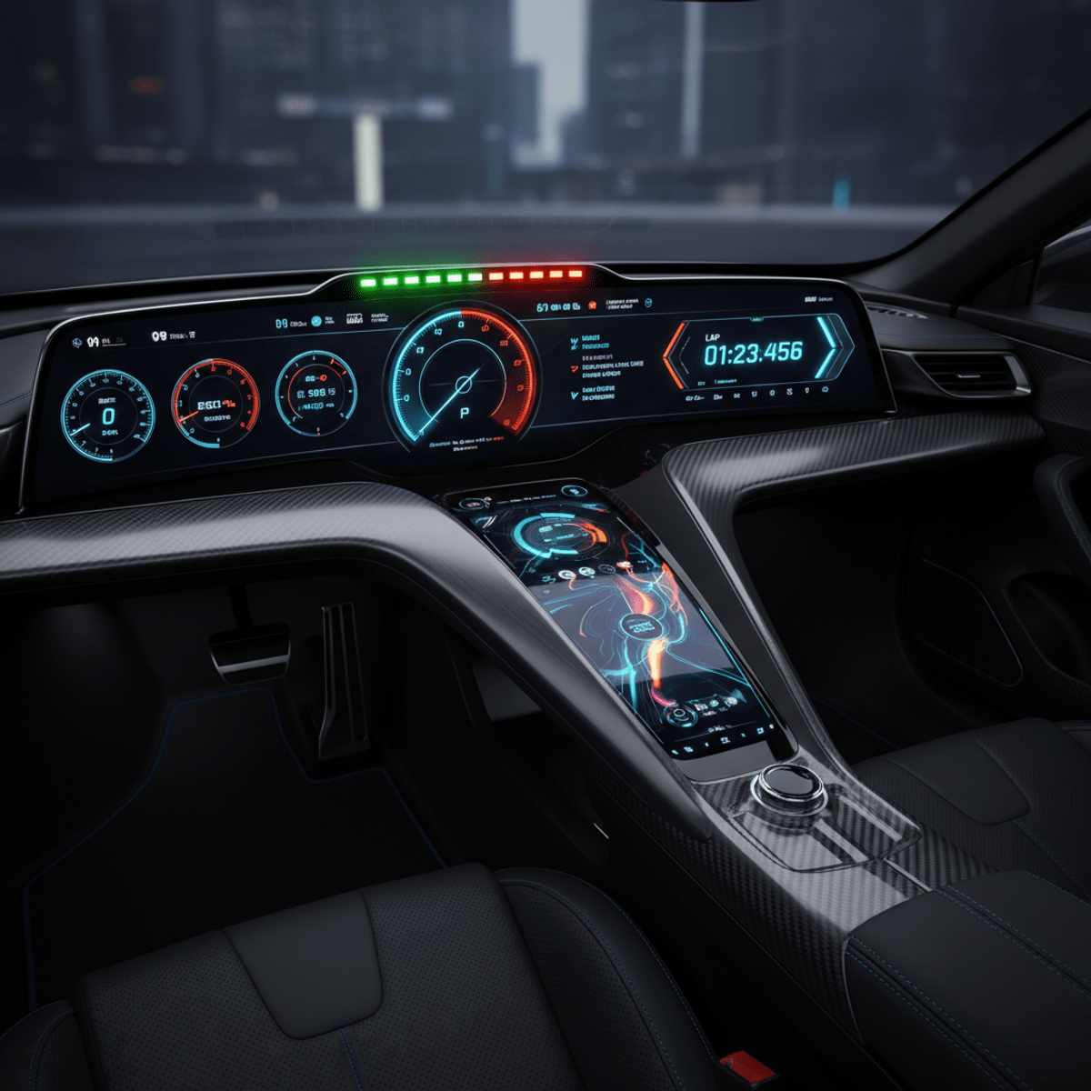 Futuristic digital dashboard in a sleek car cockpit with customizable race mode display.
