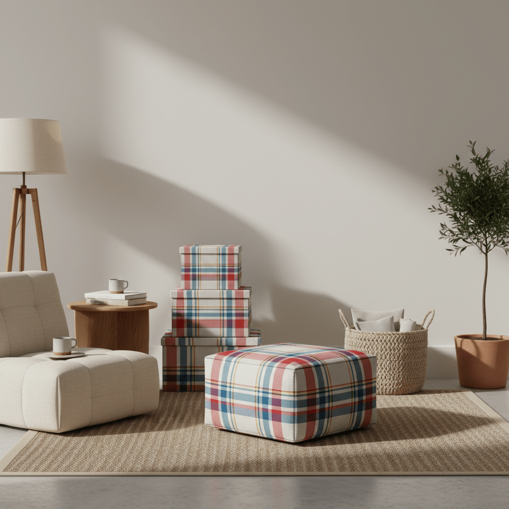 Vibrant plaid ottoman in a modern reading nook with minimalist furnishings and warm lighting.