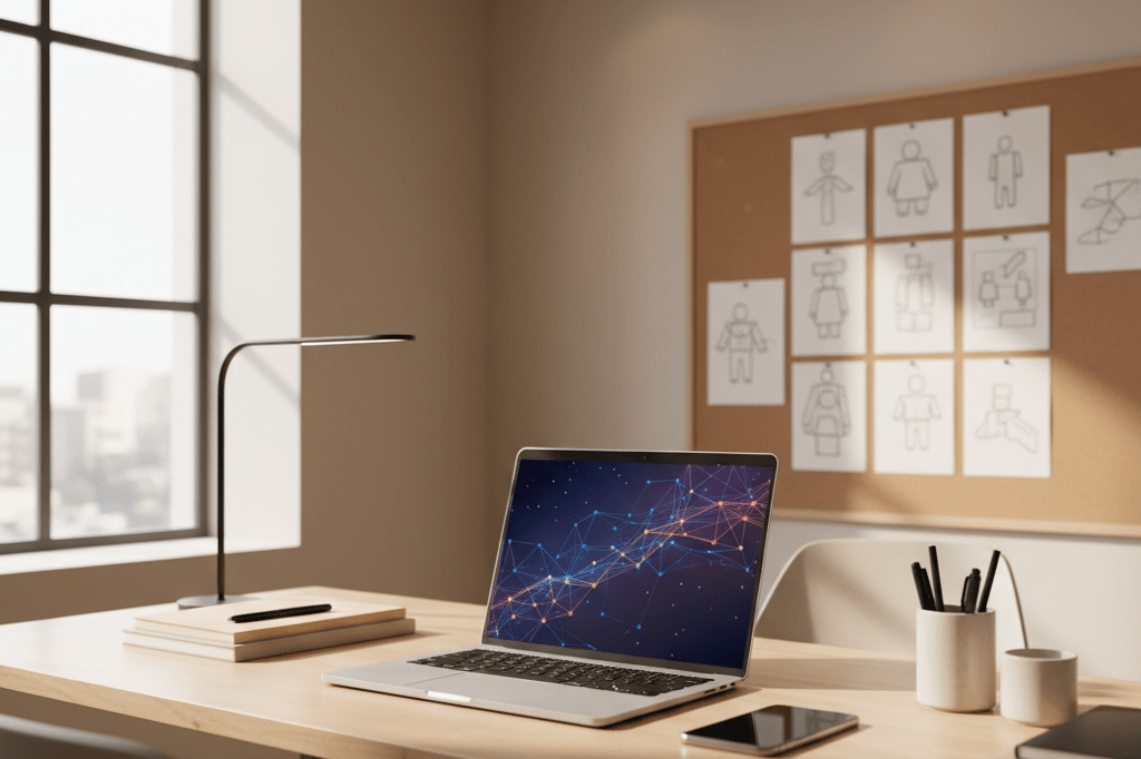 A stylish workspace with tech tools symbolizing advanced digital marketing and AI-enhanced creativity