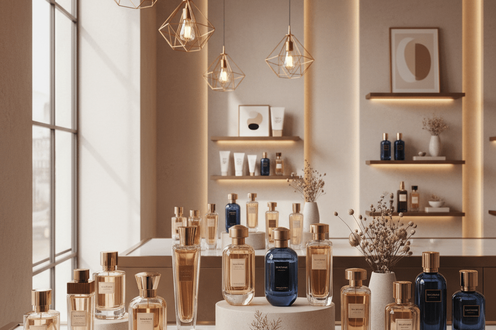 Modern beauty retail counter showcasing diverse high-end perfumes under soft natural and ambient light, highlighting industry consolidation