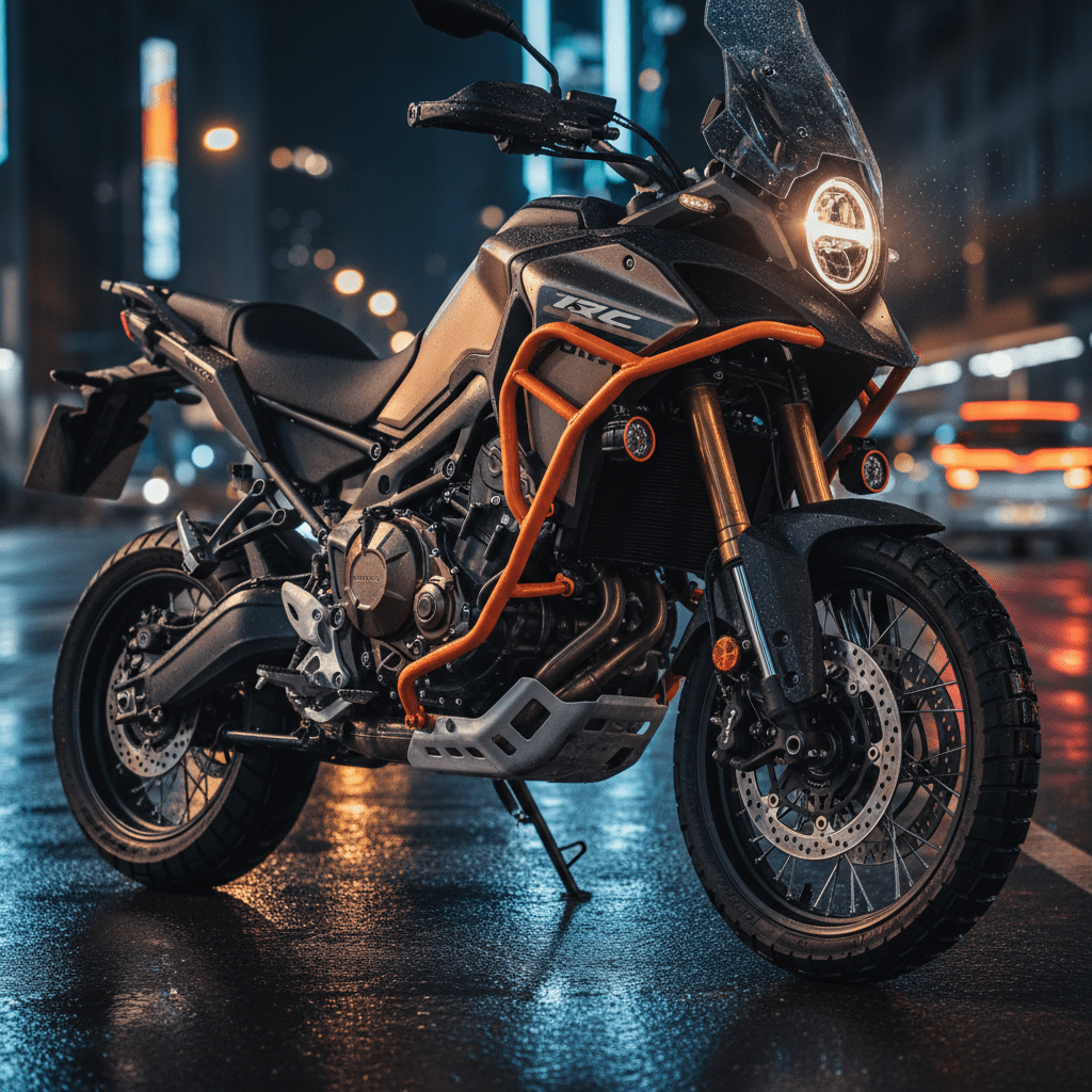 Sleek adventure touring motorcycle with bronze and orange details on wet urban pavement.