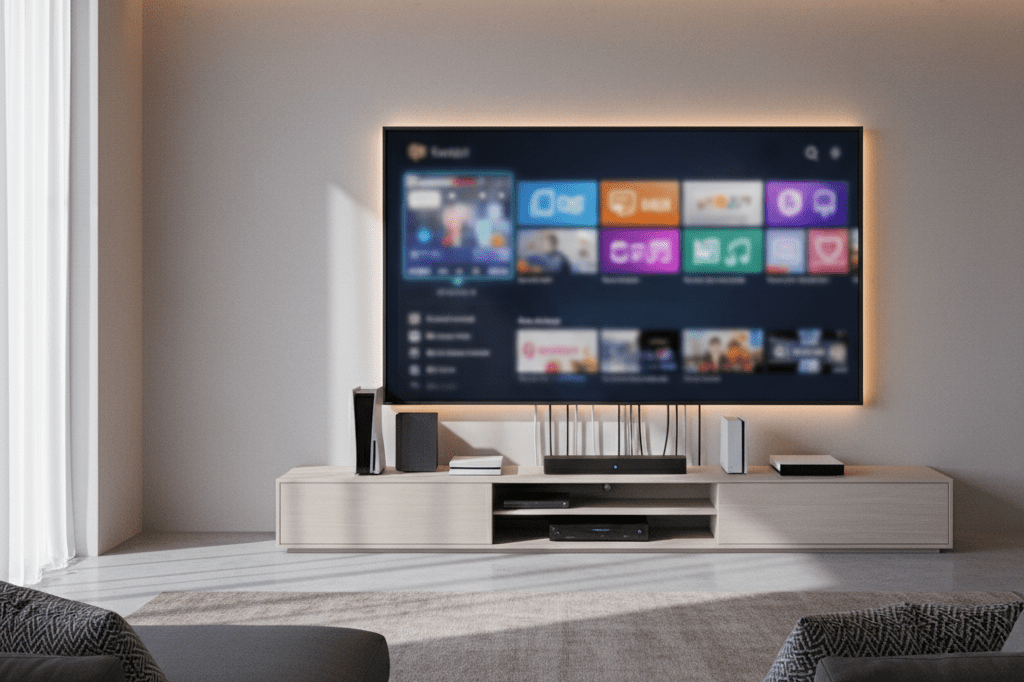 Wide shot of a stylish home entertainment system symbolizing integrated digital platform evolution