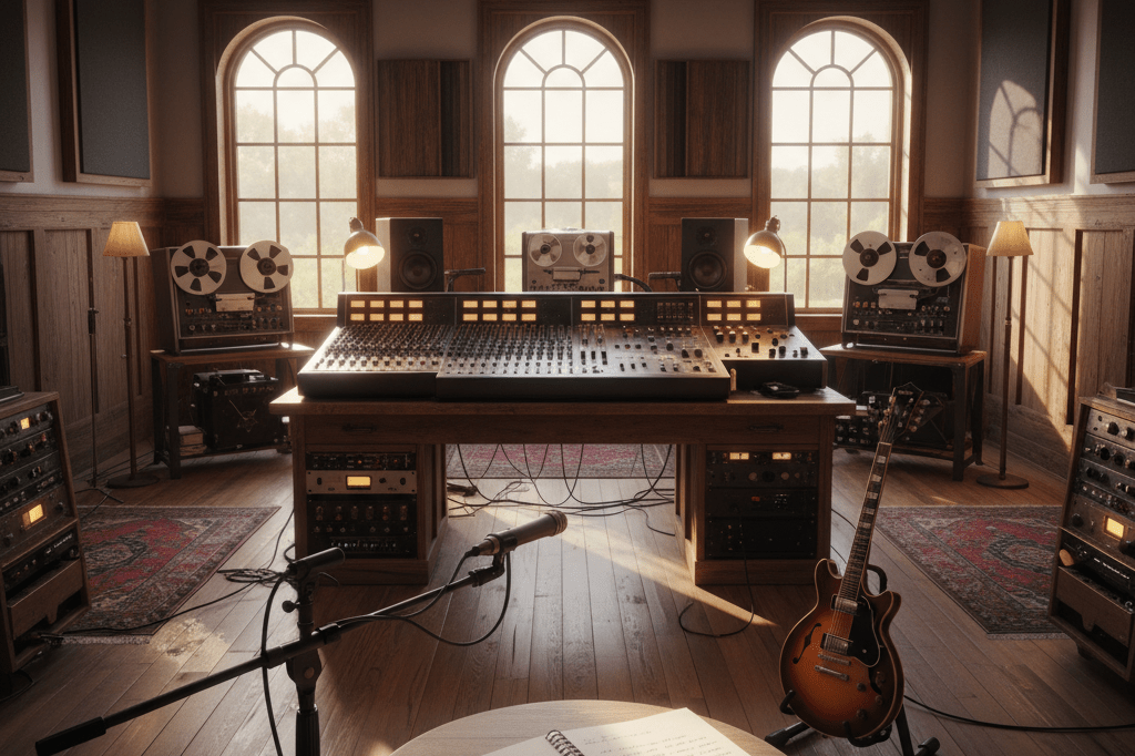 Warmly lit recording studio featuring acoustic instruments and contemporary gear symbolizing genre fusion