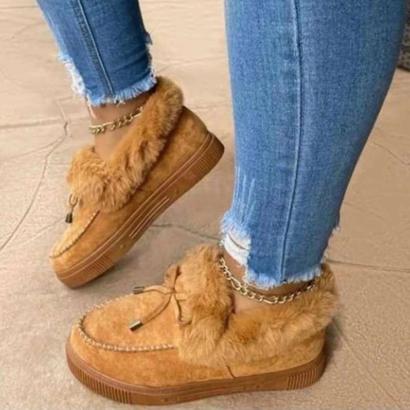 2021 Winter Women Casual Fur Shoes Cute Bow knot Trending Fluffy Furry Slip-on Sneakers Ladies Plush Loafers Flats Boots