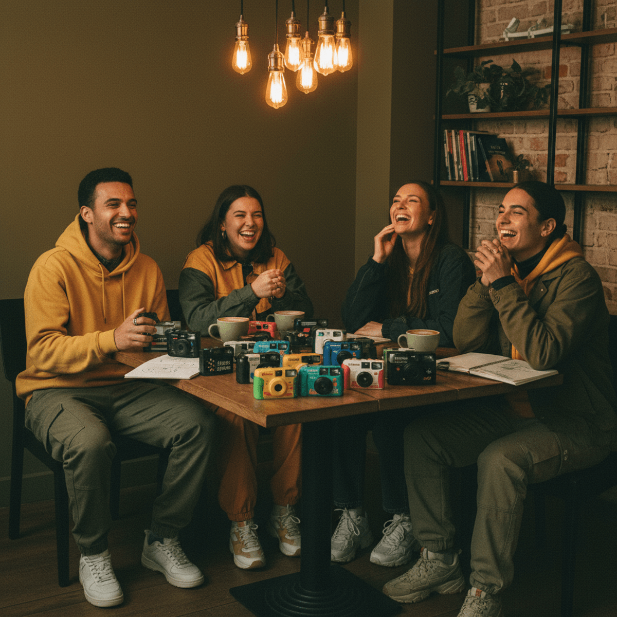 Friends laughing in a cafe with disposable cameras, coffee, and notebooks.