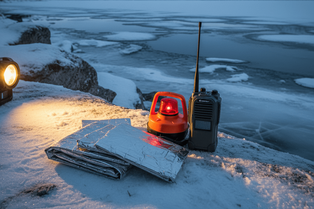 Thermal blankets and marine safety gear on snowy ground under warm lamp light symbolizing emergency preparedness