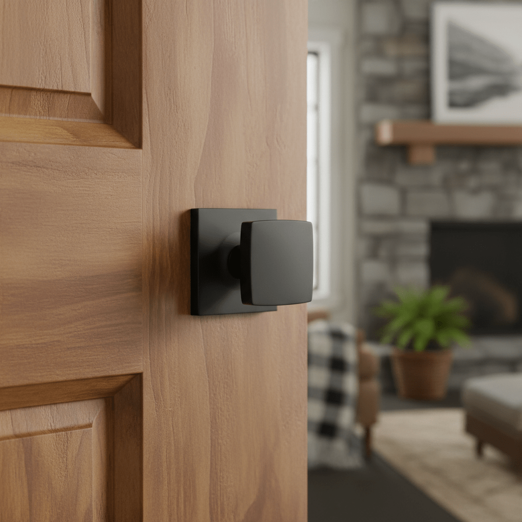 Matte black square door knob on rich natural wood six-panel interior door.