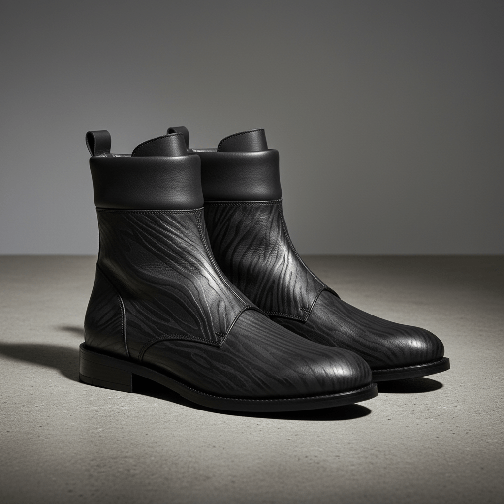 Modern combat boots made from mushroom leather with smooth apple leather accents.